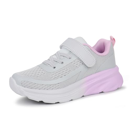 Tobfis Boys Girls Kids Arch Support Tennis Athletic Running Shoes Breathable Lightweight Strap Casual School Walking Sneakers,Knit Grey Pink,12 M US Little Kid