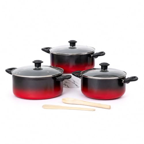 Image of Kreme Aura Granite Non Stick 8 Pcs Cookware Set | Aluminum Casserole Set with Glass Lid | 2.5 LTR + 3.5 LTR + 4.5 LTR | Uses Less Oil | Induction Base Gas Compatible | Biryani Pot | PFOA-Free, Red