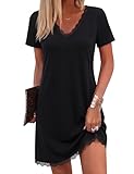 Bresdk Chemise de Nuit Femme Coton Manches Courtes Nuisette élégante avec Dentelle Robe de Nuit Confortable pour Dormir Noir M