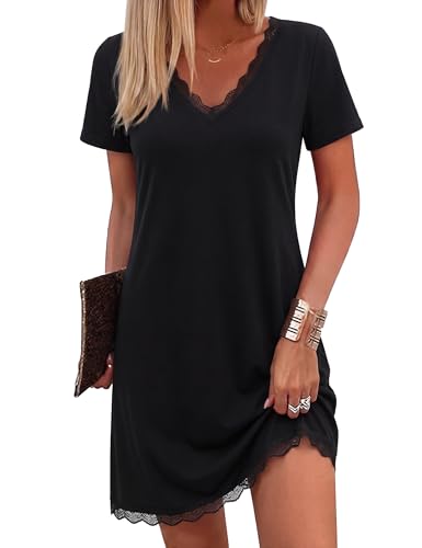 Bresdk Chemise de Nuit Femme Coton Manches Courtes Nuisette élégante avec Dentelle Robe de Nuit Confortable pour Dormir Noir M