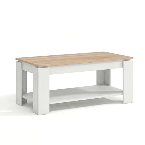 Miniatura 7 de Duehome Mesa De Centro Elevable, Mesa Auxiliar, Modelo Lya, Acabado En Color Blanco Artik Y Roble Canadian, Medidas: 102 Cm Largo X 50 Cm Ancho X 43-54 Cm Alto