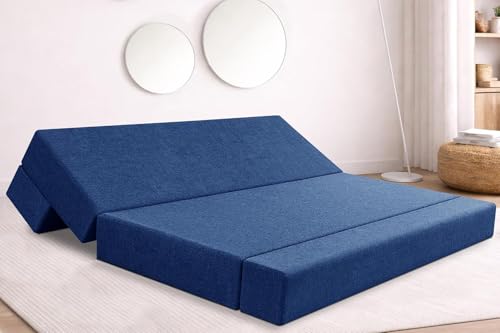 Image of Rosebell 4 Seater Foldable Sofa Cum Bed (6x6 Feet) Jute Fabric, Washable Removable Cover | Space Saving Convertible Sofa Bed for Home, Office & Guests - Blue