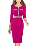 VFSHOW Womens 2024 Business Button Crew Neck Fitted Wear to Work Office Patchwork Pencil Sheath Dress (Hot Pink, Medium) 11408 HPIK M