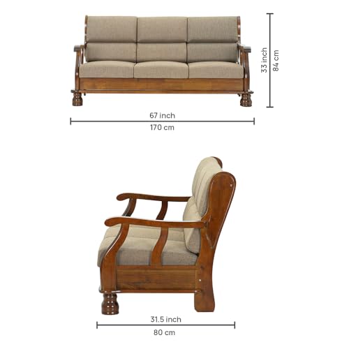 Image of Royaloak Melaka Wooden 3 Seater Sofa with Brown Colour Cushion | Solid Wood | Fabric Cushion Cover | Moulded Foam Cushions | Curved Arm Design | Durable & Long Lasting | Malaysian Collection