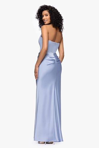 Image of Betsy & Adam Women's Floor Length, Strapless Boned Corset Detail Dress with Draped Satin Ruched Skirt