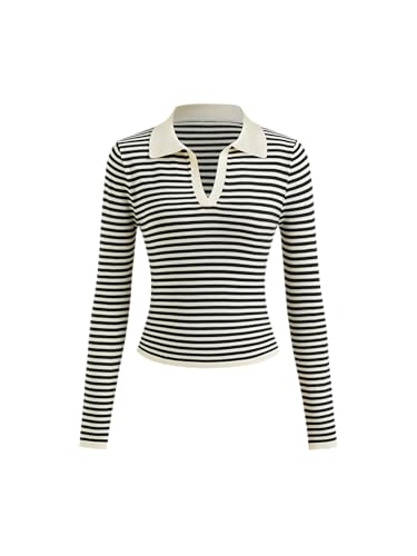 CIDER Striped Sweater for Women V Neck Long Sleeve Slim Fitted Ribbed Knit Casual Pullover Polo 2025 Fall Sweater Black