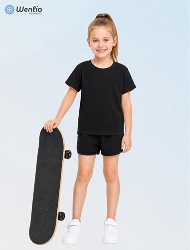 Wenlia Girls Athletic Shirts Short Sleeve Sports Tee Multi-Pack Summer Soft Activewear Tops, Black/White/Army Green, 5-6 Years, 120 — view 6