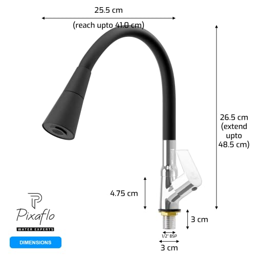 Image of Pixaflo Brass Swan Neck Tap with 360-degree Swivel Black Flexible Silicone Swivel Spout for Kitchen Sink and Wash Basin, Dual Flow (Area)