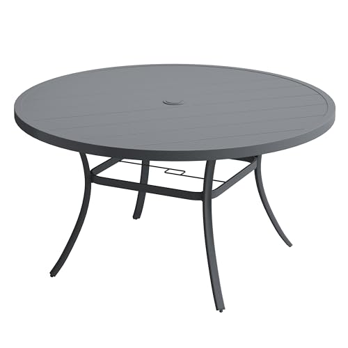 Image of VICLLAX 63 inch Outdoor Round Patio Table with Umbrella Hole, All Weather Metal Round Outdoor Dining Table for Lawn Garden, 8-10 Person Table, Grey