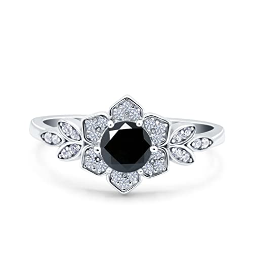 Blue Apple Co. Halo Art Deco Cluster Floral Wedding Engagement Ring Round Simulated Cubic Zirconia 925 Sterling Silver - Main Image