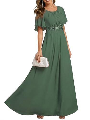 31LuulK5oLL. SL500 Ever-Pretty Women's Classic Round Neck Pleated Short Sleeves Chiffon Appliques