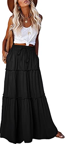 Earkoha Women's Elastic High Waist A Line Flowy Beach Skirt Plus Size Smocked Solid Maxi Skirt Black #TOP4