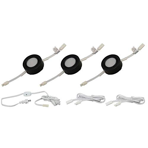 Image of 3 LED Puck Light Kit - Black Cover with Cool White Light (6,000k) - Under Cabinet and Furniture - 120v /110v - Dimmable - Line-Voltage (No Transformer Needed) (Cool White Light /Black Cover 3 Pack)