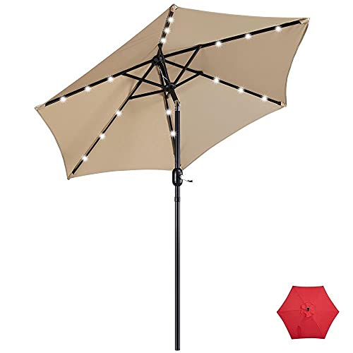 Topeakmart 7.5FT Solar Powered Patio Umbrella Outdoor Table Market Canopy Yard Offset Umbrella Garden Umbrella LED Lights with Push Button Tilt/Crank,Tan