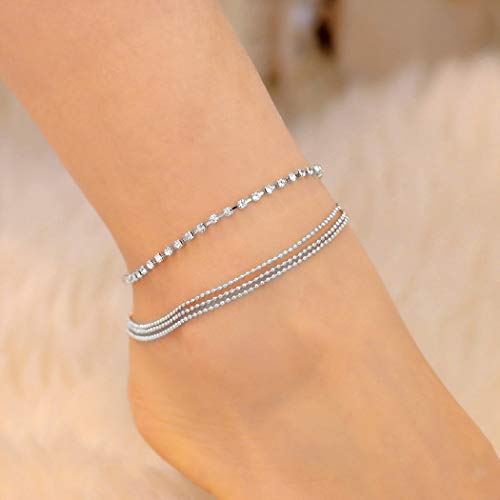 Preisvergleich Produktbild Jovono Boho Perlen Kristall Fußkettchen Mode Mehrschichtige Fußkettchen Armbänder Strand Fuß Schmuck für Frauen und Mädchen (silber)