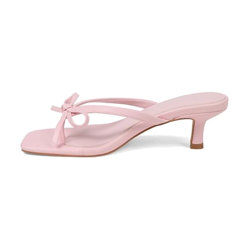 Mattiventon Pink Bow Heels Kitten Heels Thong Sandals For Women Slip On Flip Flops Square Toe Summer Cute Party Dress Shoes