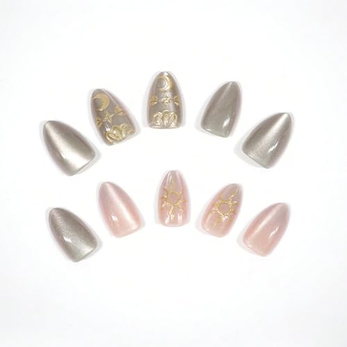 Image of Butterfly Press on Nails Glitter Fake Nails with Gold Design Sun Glue on Nail Shiny Glossy Full Cover Short Almond Stick on Nail Press ons for Women Girls Manicure 24Pcs