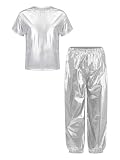ranrann Girls Boys Hip Hop Jazz Dance Outfit Kids Metallic Sparkly 2 Piece Short Sleeve T-Shirt and Shiny Pants Set Silver 11-12 Years