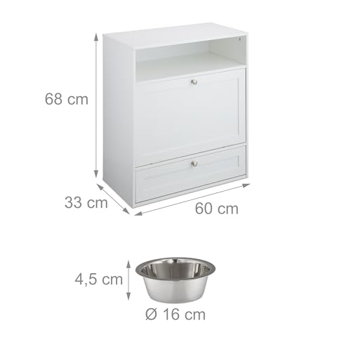 Relaxdays Futterschrank Hund, Schublade mit 2 Fressnäpfen, Kippfach für Tierfuttter, HxBxT: 68 x 60 x 33 cm, MDF, weiß