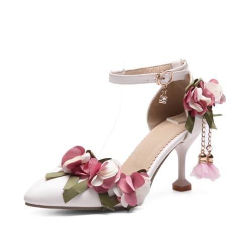 Women's Sexy Pointed Toe Closed Stiletto High Heels Pumps Fashion Flower Decor Ankle Strap Buckle Evening Wedding Party Prom Dress Shoes