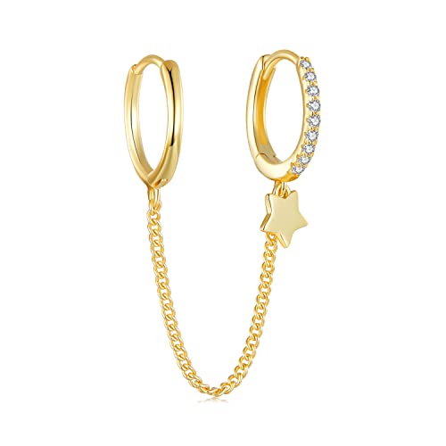 Boucles d'oreilles 4 zircons en argent 925 avec chaîne double piercing pour femme