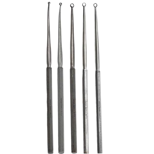 Ear Buck Curette Set of 5 Pieces - Ear Wax Removal Pick, Blunt, Curved with Loop Tips - German Stainless Steel