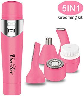 Facial Hair Removal for Women Painless Hair Removal Hair Remover Rechargeable Waterproof 5 in 1 Grooming Kits Nose Hair Eyebrow Beard Trimmer Bikini Body Shaver Electric Hair Trimmer (Red)