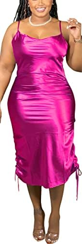 WUSENST Women's Sexy Ruched Midi Dress Adjustable Spaghetti Strap Drawstring Side Slit Party Cocktail Dress