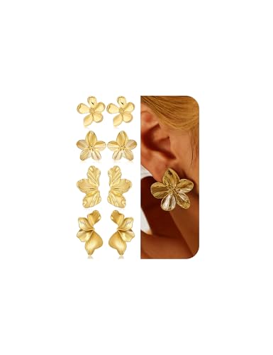 4 Pairs Chunky Gold Flower Dangle Earrings for Women, Gold Plated Irregular Leaf Floral Big Statement Earrings Set
