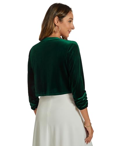 Image of Womens Velvet Bolero Shrug Elegant Open Front Ruched 3 /4 Sleeve Cocktail Party Cropped Cardigan