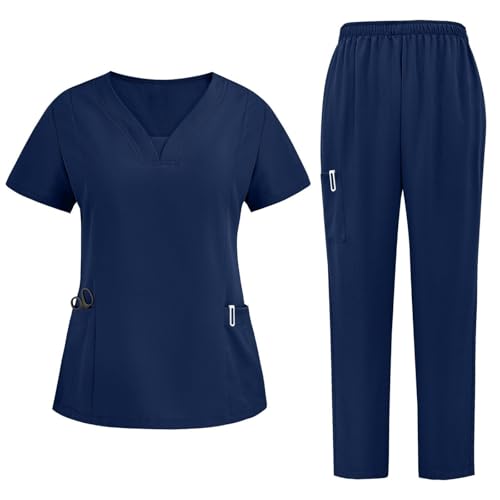 Sdwingk Scrubs for Women Set V-Neck Stretch Scrub Top & Drawstring Scrub Pant Nursing Uniforms Scrubs Sets with Pockets