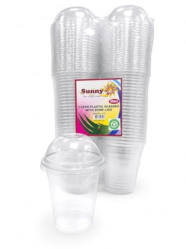 Sunny Clear Plastic Cups with Dome Lids 12oz (Pack of 50) Reusable Transparent Cold Drink Cups for Iced Coffee Juice & Smoothies Leak-Resistant