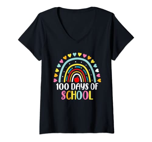 Femme Rainbow 100 days of school Teacher Student Kids T-Shirt avec Col en V