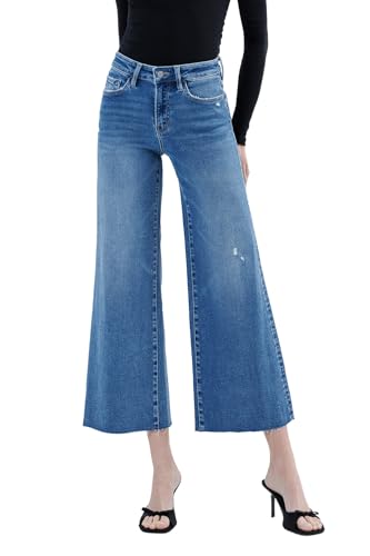 VERVET High Rise Raw Hem Ankle Wide Leg Jeans V3667