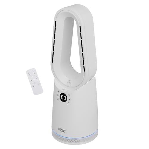 Russell Hobbs Bladeless Cooling Fan with 9 Speed Settings Eco High Heat and Sleep Mode LED Display & Remote Control 8-Hour Timer and Oscillating Feature in White RHCBLDL3IN1