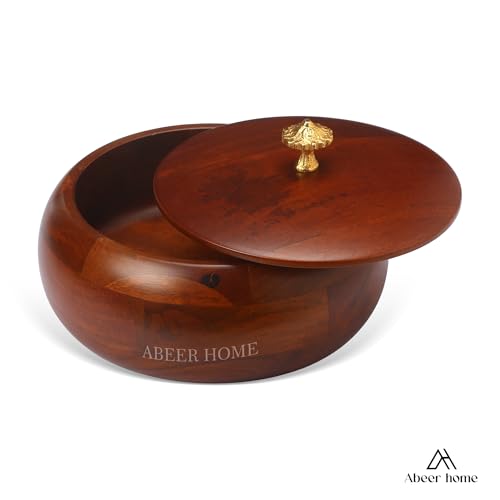 Image of Handcrafted Premium Wooden Roti Casserole - 9 x 9 x 4 Inches | Hot Roti Case & Chapati Box For Kitchen & Dining | Chapati Serving Hotbox Serveware With Gold Embossed Knob