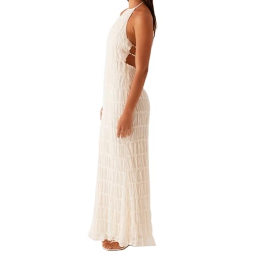 Image of Women Backless Maxi Beach Dress Spaghetti Strap Halter Smocked Long Dress Flowy Vacation Sundress
