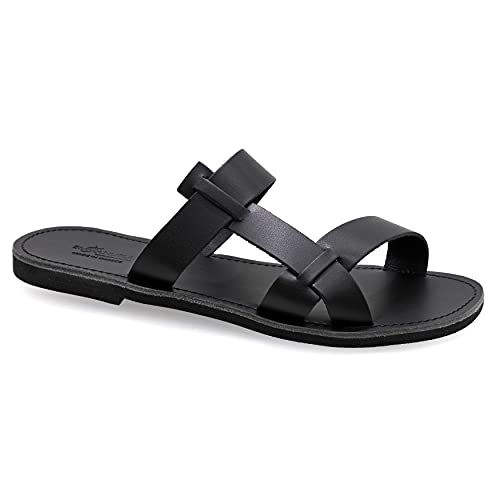 42 Schwarz Emmanuela Antike griechische Ledersandalen für Herren, hochwertige handgefertigte Open Toe Herren Sandalen, Slide on Summer Schuhe, Slide Riemchensandalen
