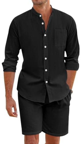 OLIPHEE Chándal Hombre Conjunto Lino Hombre 2 piezas Camisa Lino con Botones y Pantalones Cortos Verano Conjunto de Chándal Hombres Casual Deportivo Playa Vacacione Verano A Negro M