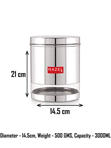 Image of HAZEL Stainless Steel Container For Kitchen Storage Transparent See Through Glossy Finish Storage Jar Dabba, Set of 1, 3000 ML, Silver