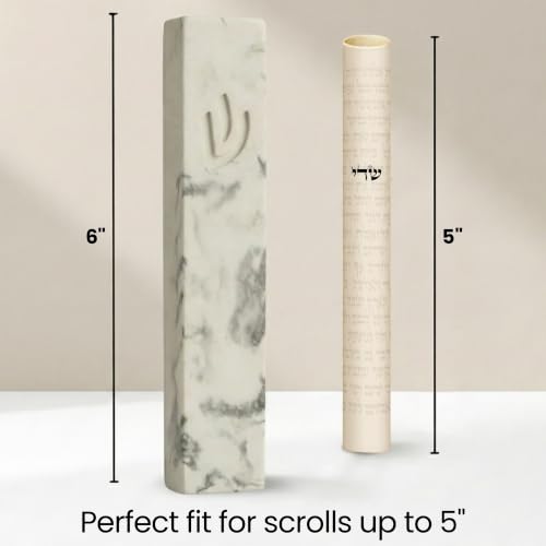 Image of SURI Mezuzah for Door - 6 Inch Marble Cream Concrete Mezuzah Case with Non Kosher Scroll, Self-Stick Jewish Entry Design, Fits a 5 Inch Scroll, Gift Box Included