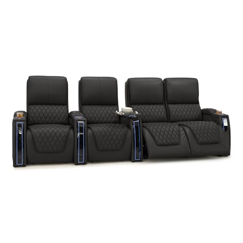 Image of Seatcraft Apex Black Italian Leather Home Theater Seating, Zero Gravity Power Recliner Chair, Powered Headrest and Lumbar Gaming and Lounge Sofa Furniture for Cinema Room, Row of 4 Right Loveseats