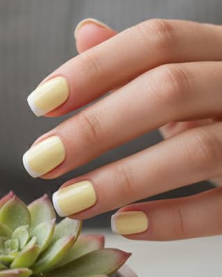 Buttermilk Lemon Yellow with Classic White French Tips, Machine-Made Press On Nails - Reusable Artificial Nails, Short Square Round Shape, Glossy Salon-Style Fake Nails 10 Pcs Nail Set | Size M-image-29
