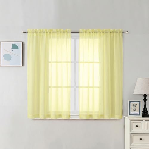 Image of Chyhomenyc Sheer Curtains 45 Inch Long 2 Panels - Light Filtering Short Soft Airy Short Cafe Curtains, Modern Rod Pocket for Dinning Living Room Bedroom, 42Wx45L Inches, Light Yellow