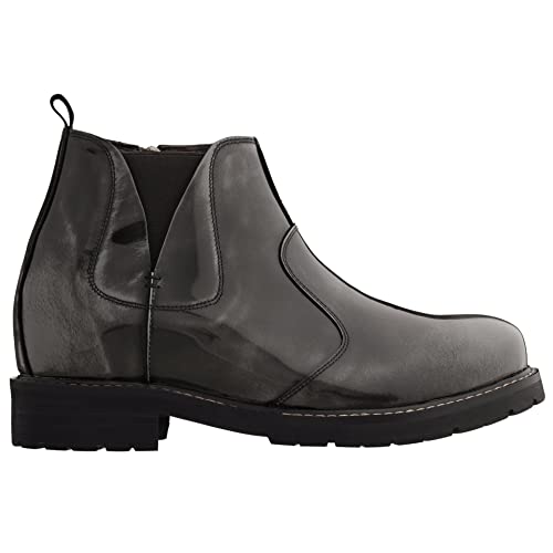 CALTO Men's Invisible Height Increasing Elevator Shoes - Grey Patent Leather Chelsea-zip Boots - 3.6 Inches Taller - K8991- Size 9 D(M) US2