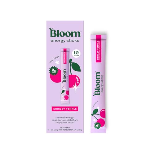Bloom Nutrition Energy Drink Powder Packets, Sugar Free Energy Drink Mix with L-Theanine, B Vitamins & Natural Caffeine, On the Go Powder Sticks for Natural Energy, 10 Calories (10 Pouches (Pack of 1), Shirley Temple)