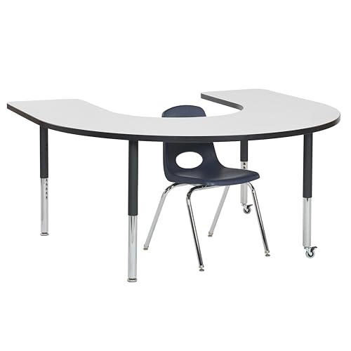Image of FDP Dry-Erase Mobile Horseshoe Activity School and Office Table (60 x 66 inch), Super Legs w / Glides and Casters for Collaborative Spaces, Adjustable Height 19-30 inches - Whiteboard Top /Black Edge