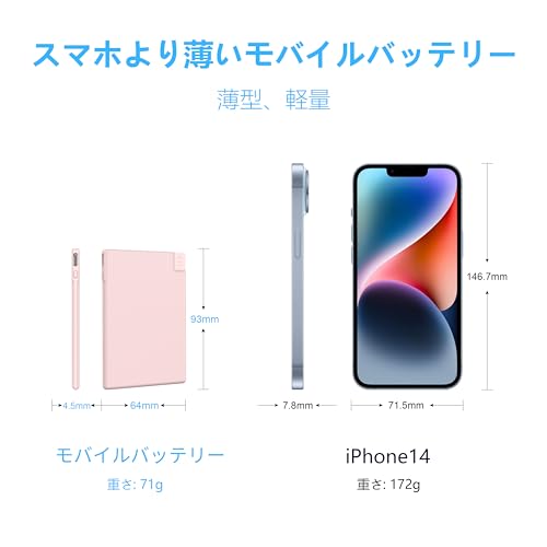 Auskang Mobile Battery, Built-in Cable, Compatible with iPhone 14/13/iPhone SE 3rd Generation/12/11, MFi Certified, 0.1 inch (4 mm), 2,500 mAh Smartphone Charger, Small, Lightweight, Thin, For