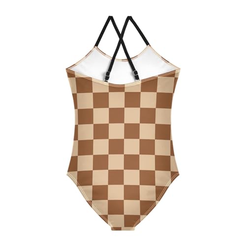 Image of Black and White Chess Girls One Piece Swimsuits Board Marble Tile Sport Halter Swimwear Beach Bathing Suit 3T