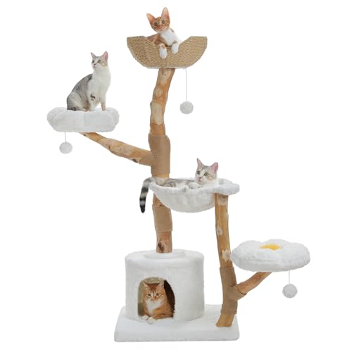 PAWZ Road Cat Tree for Indoor Cats Large Adults, 59 Inches Modern Cat Tower with Large Basket and Hammock, Natural Solid Wood, Luxury Condo & Dual Perches, Modern Cat Furniture for Big Cats, White